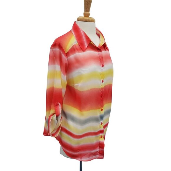 ALYX Womens Button Up Colorful Striped Sheer Blouse Top Size L Roll Tab Sleeve - Picture 2 of 13